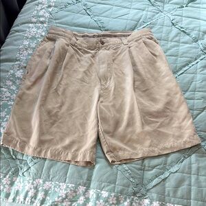 Tommy Bahama Tan Pleated Silk Shorts with Relaxed Fit